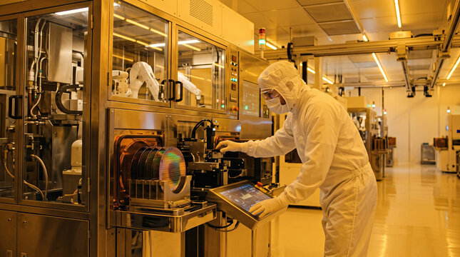 Technician in cleanroom suit loading silicon wafers into fab machine