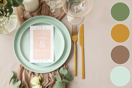 Wedding planning and event design, elegant table setting with invitation card and gold cutlery for bridal shower or reception celebration in soft colors