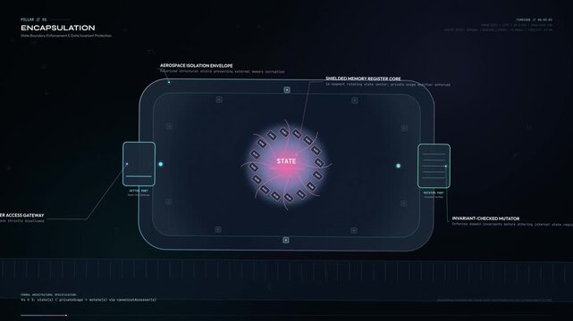 Educational animation of the four pillars of object-oriented programming including encapsulation abstraction inheritance and polymorphism in a futuristic HUD design