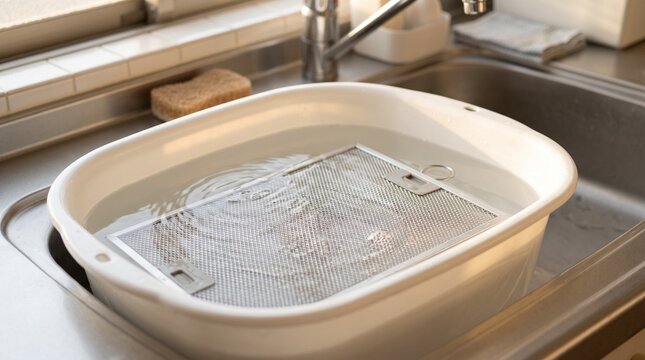 ぬるま湯につけた換気扇フィルター　寄りのアップ・午後の暖かい光