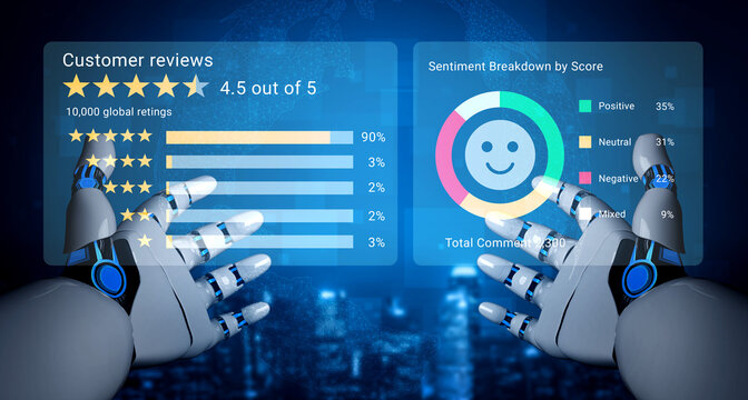 A visually striking robotic interface showcasing customer reviews, sentiment analysis, and rating breakdowns, emphasizing futuristic technology and data insights. Gantry