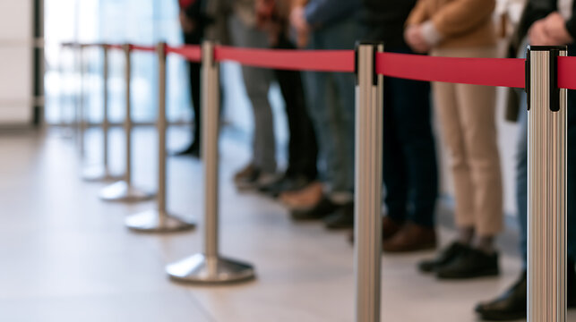 People stand in a long indoor queue behind red barrier tape and metal stanchion posts, waiting for service in a public venue lobby