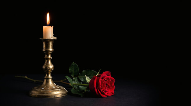 Brass candlestick with lit candle and red rose on black background