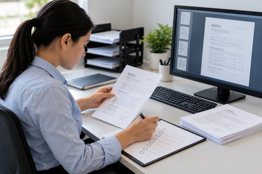 Worker comparing paper documents with a computer display