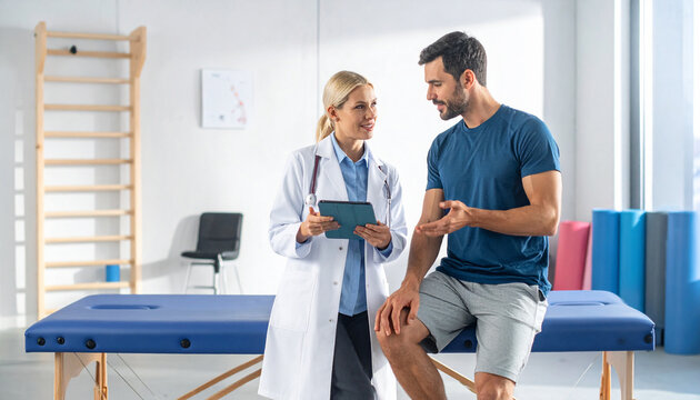 A friendly female doctor consults with a male athlete in a bright rehabilitation clinic. The supportive atmosphere evokes healing, professional care, and a positive path toward recovery.