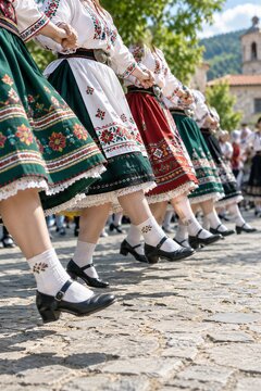 Bulgarian Horo Folk Dance: Traditional Group Movement on Street with Synchronized Legs, Rhythm, and Community Spirit