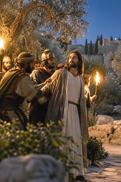 Torchlit Gethsemane: Roman Soldiers Arresting Jesus in a Serene Ancient Judean Garden