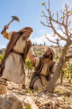 An ancient vinedresser carefully nurturing a barren fig tree in a sun-drenched biblical vineyard, symbolizing hope and patience.