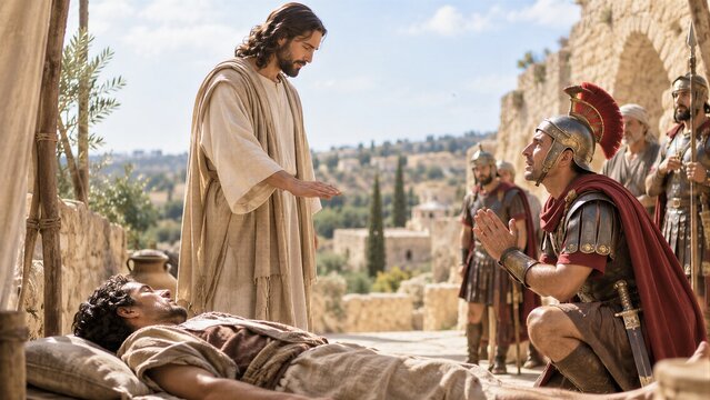 Jesus Healing Centurion's Servant: A Peaceful Biblical Miracle Scene of Faith and Compassion