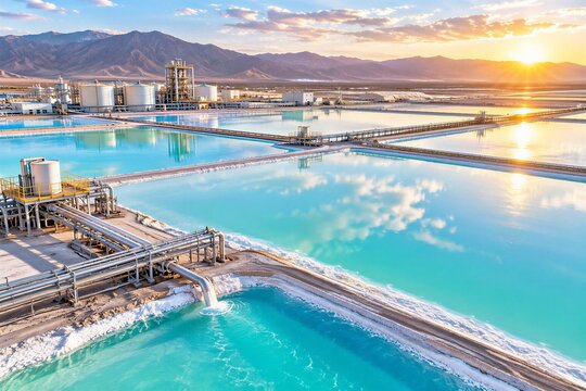 Aerial view of vast lithium evaporation ponds in a desert mountain region, reflecting the sunset. Industrial facility for critical raw material extraction.