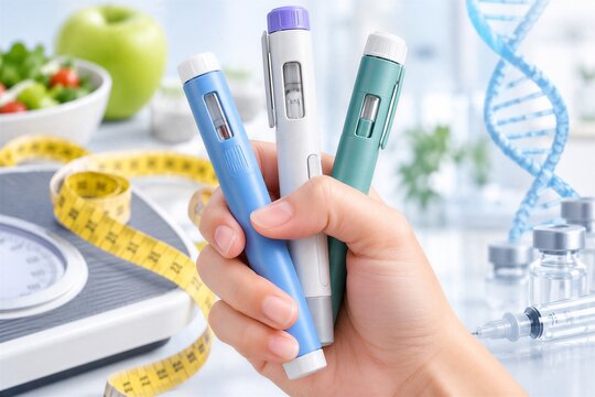 Hand holding multiple GLP-1 injection pens, symbolizing diabetes and weight loss medication for chronic disease management.