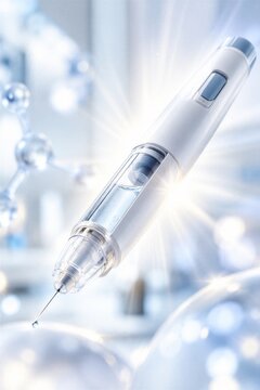 Futuristic 3D rendering of a GLP-1 injector pen, illuminated by light rays, symbolizing advanced metabolic pharmaceutical care.