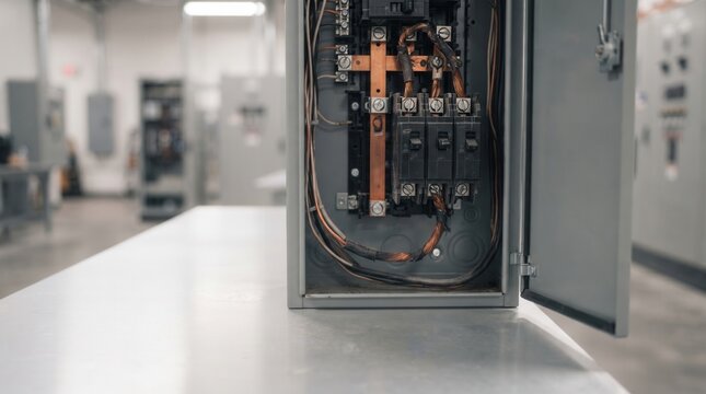 Close up of an open metal electrical breaker panel box on a bright workshop workbench showing detailed interior copper wiring, fuses, and circuit components.