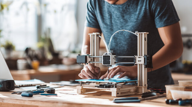 Young engineer working on a compact desktop 3D printer at a wooden workbench