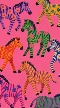 Colorful zebras with floral patterns on pink background, mobile wallpaper.
