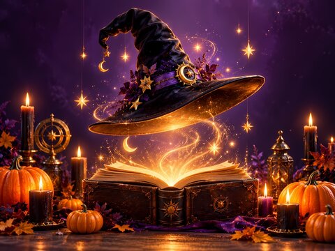 Magical witch hat floating above an open spell book with glowing pumpkins and candles for Halloween