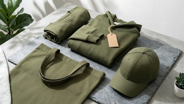 Mockup set of olive green organic cotton apparel featuring a hoodie with blank tag, sweatshirt, fabric tote bag, and baseball cap on a slate stone surface with natural sunlight and leaf shadows