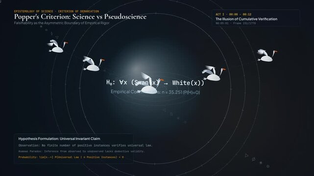 Educational animation explaining Karl Popper's criterion of demarcation between science and pseudoscience illustrating falsifiability the black swan problem and theory corroboration