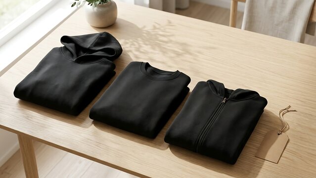 Set of three blank black apparel including a pullover hoodie, crewneck sweatshirt, and zip-up hoodie neatly folded on a light wooden table with a blank kraft paper tag in a minimalist interior.