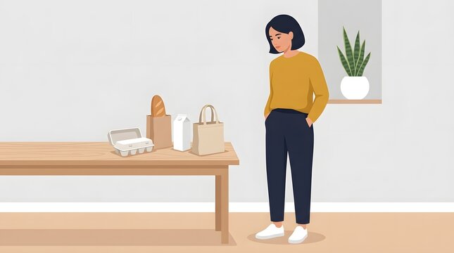Grocery Shopping Experience: A woman stands beside a table laden with grocery bags and eggs, reflecting on her shopping trip.