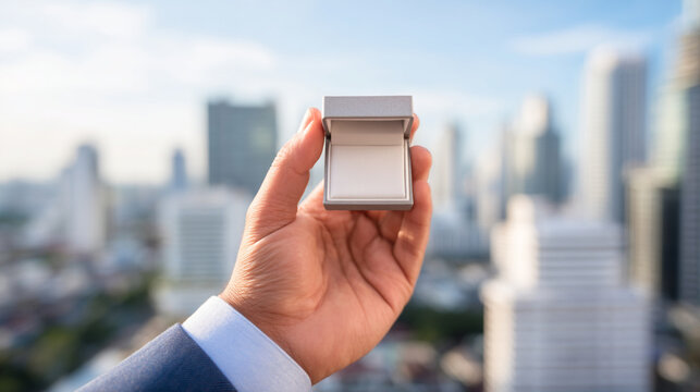 Man hand holding open empty ring box with city skyline background
