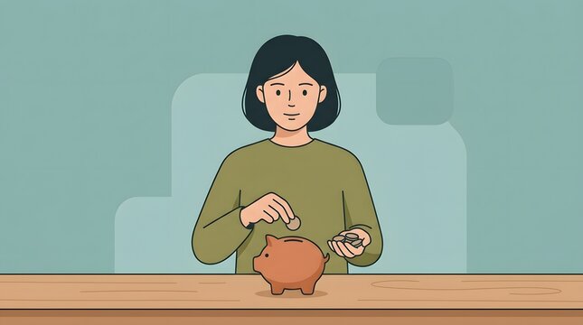 Piggy Bank Savings: A young woman is depicted thoughtfully placing coins into a classic piggy bank, symbolizing the prudent act of saving and financial planning for the future.