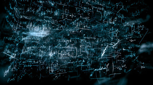 Maths animated overlay. Complicated calculations, hard to understand concept symbols. Black background, messy formulas in high resolution for overlay