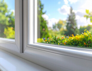 Fototapeta premium A modern white window frame looking out onto a vibrant, sundrenched summer garden. No people are present, capturing a serene sense of home comfort, nature, and bright, peaceful beginnings.