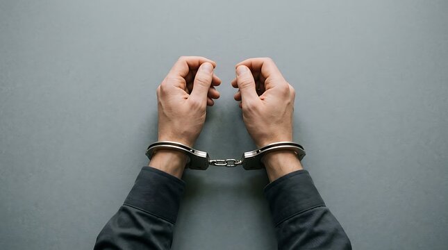 Male hands in silver steel handcuffs on grey background representing concept of arrest, law enforcement, crime and justice