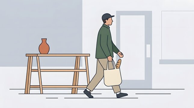 Daily errand: A person in a baseball cap walks with a tote bag filled with bread and a vase on a shelf in the background, depicting a simple everyday activity.