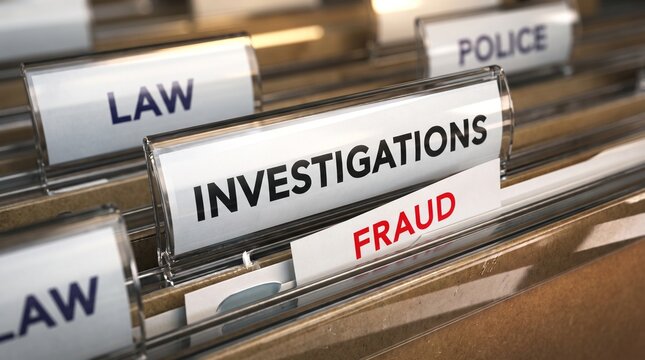 Fraud investigation file folder with law and police tabs in cabinet