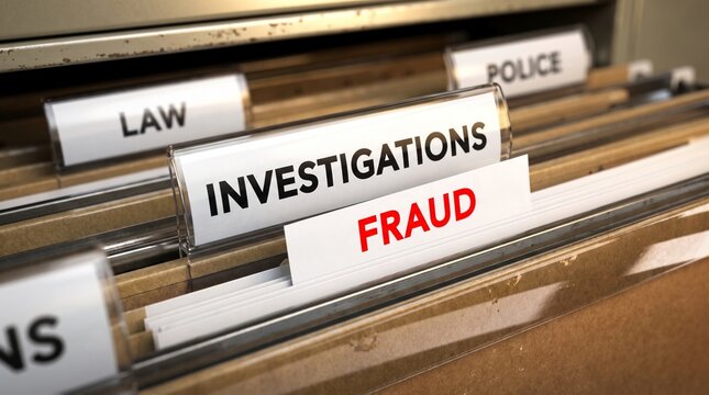 Fraud and criminal investigation folders in office filing cabinet drawer