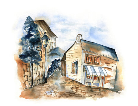 Watercolor painting of the mediterranean landscape with antique houses, pine tree, street lantern, and paving stones