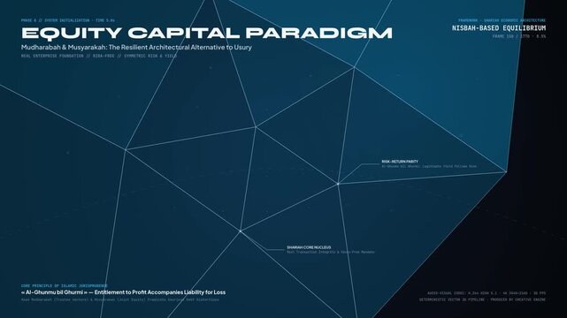 educational animation explaining the equity capital paradigm and Islamic finance concepts including mudharabah and musyarakah as resilient alternatives to usury with abstract 3D graphics