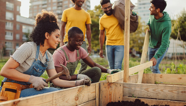 A diverse group of cheerful volunteers collaborates to build a sustainable community garden in an urban park. This scene captures the spirit of teamwork, growth, and environmental stewardship.