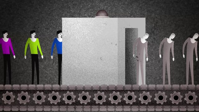 colorfully dressed people entering a machine and emerging gray without individuality