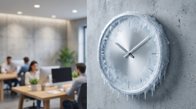 Career stagnation concept with an office wall clock frozen in ice, representing delayed progress, workplace inertia, and lost time