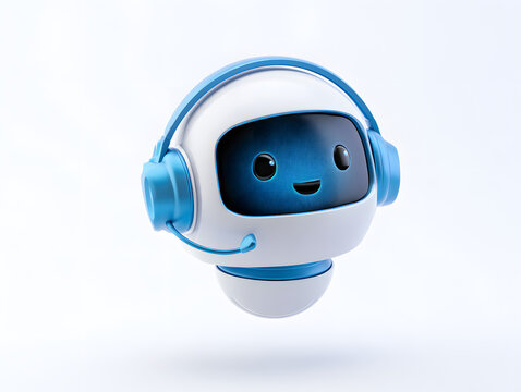 Cute cartoon robot icon with an AI headset and microphone. Transparent background, white and blue robot for an artificial intelligence personal assistant