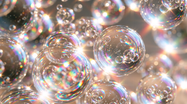 Multi layered cluster of transparent rainbow bubbles. Abstract sphere pattern for cosmetic laboratory research