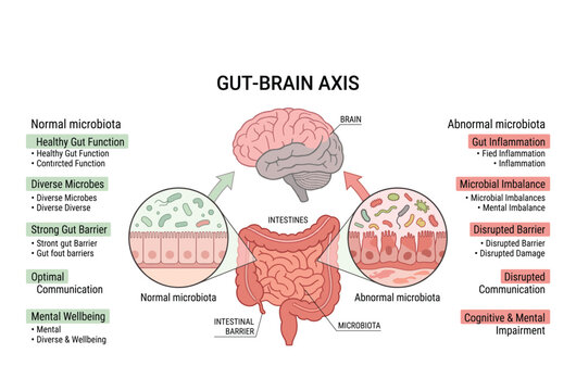 Gut brain axis diagram showing intestinal microbiota gut barrier brain communication and mental wellbeing