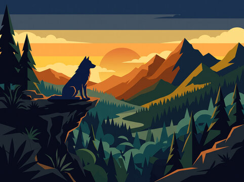 A lone wolf sits on a rocky cliff overlooking a vast mountain range at sunset.