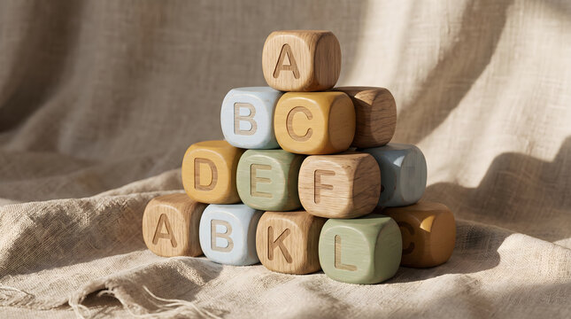 Educational abcd blocks stacked in a pyramid on textured fabric background, showcasing early childhood learning