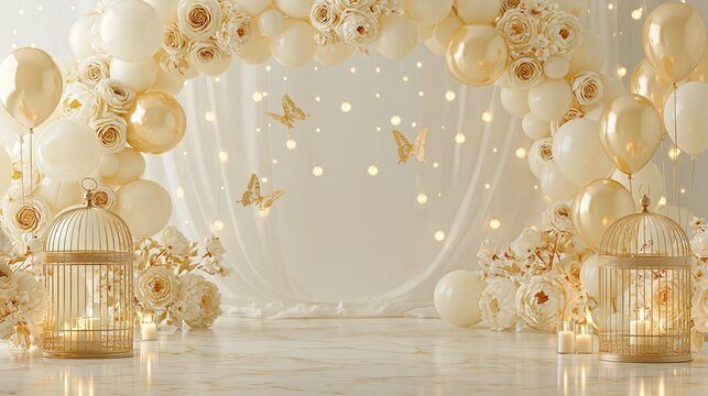 First birthday cake smash backdrop with gold balloons and flowers for baby girl celebration