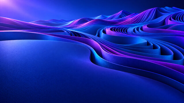 Futuristic abstract blue landscape with vibrant neon waves, glowing purple 3D wave background, digital art backdrop for web design