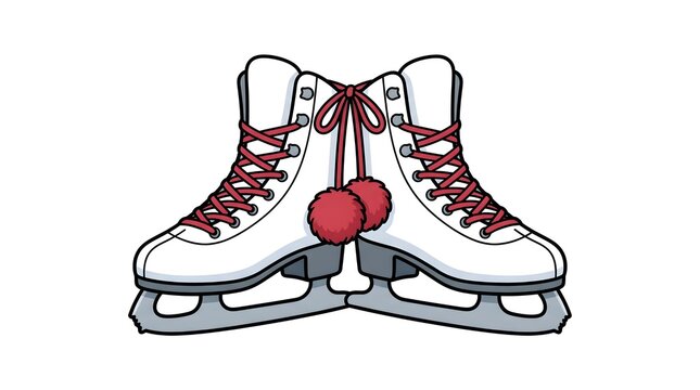 Pair of white figure ice skates with red laces and fluffy pom poms, winter ice skating vector illustration