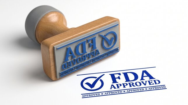 FDA approved rubber stamp with blue ink print on white background
