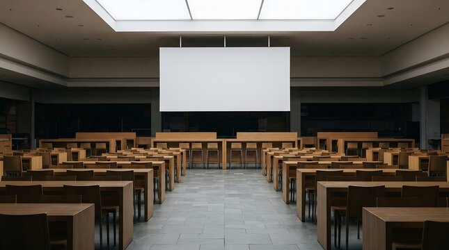 Minimalist Modern Study Hall Interior Featuring a Large Blank Projection Screen for Educational Presentations and Collaborative Learning Environments