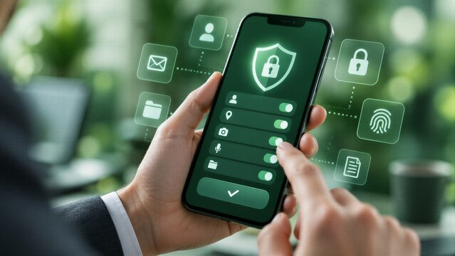 Businessman managing app permissions and privacy controls on smartphone, ensuring digital authentication and security settings for data protection.