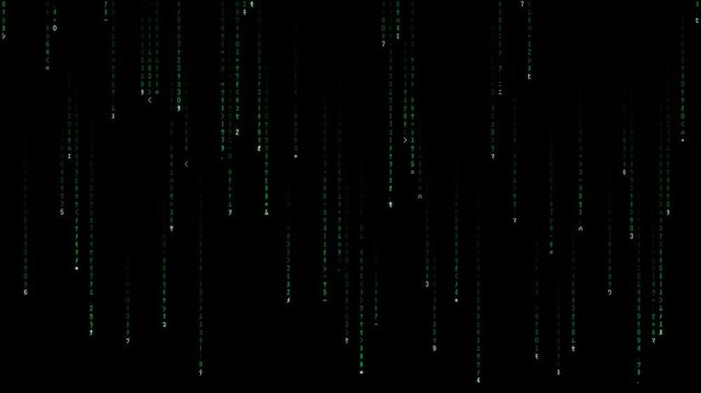 Digital green matrix rain with glowing characters falling on a black background, creating a futuristic cyber technology backdrop for data, coding, and digital concepts.