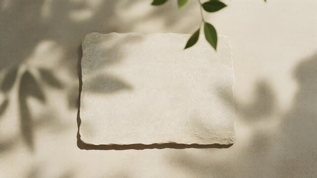 Dappled Sunlight and Swaying Leaf Shadows on Empty Pale Stone Slab Podium, Cinematic Full HD Background